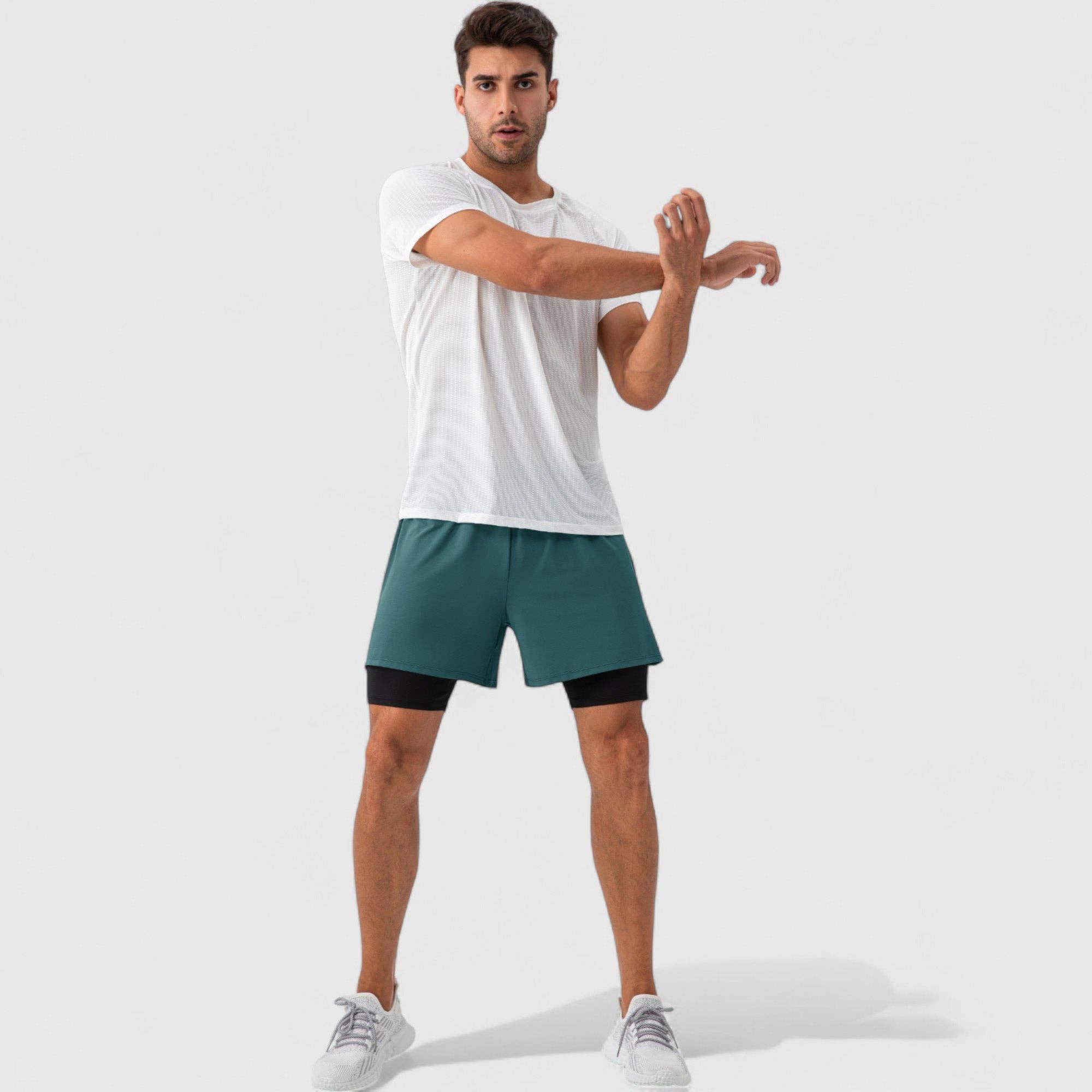 Active by Anna-Kaci - Wholesale Athletic Shorts - Men's - Men's 2-in-1 Training Shorts with Inner Compression Layer an16