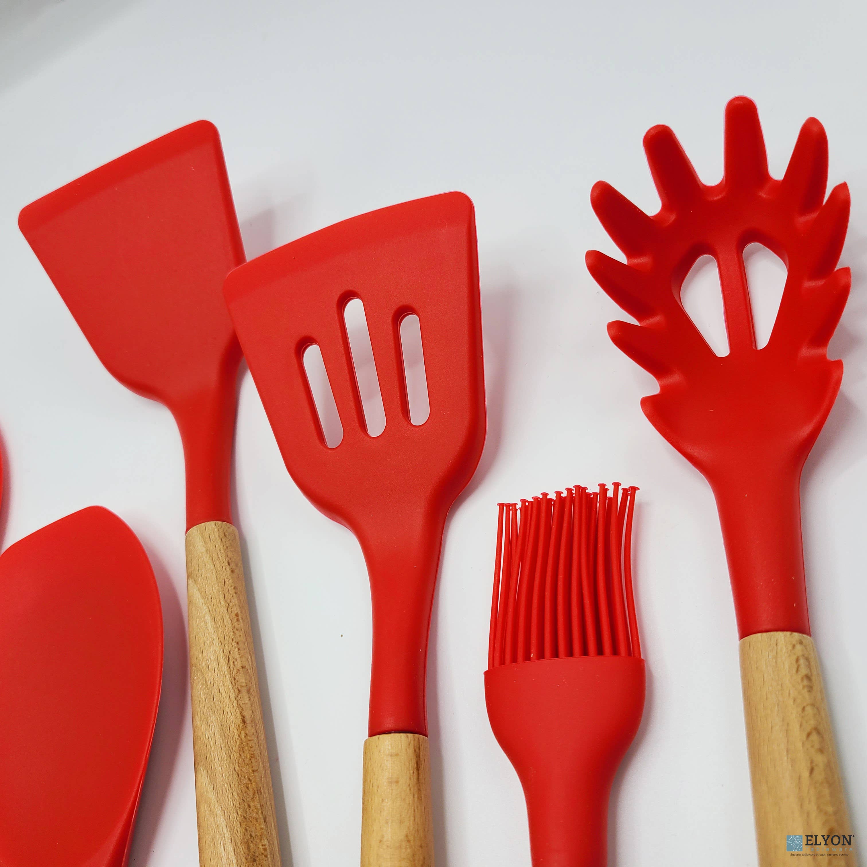Elyon Tableware® - Wholesale Kitchen Utensil Set - 9 Piece Colored Silicone Kitchen Utensils Set - Wood Handles9