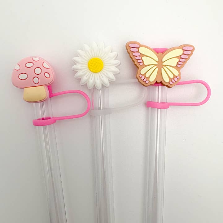 Vroom Blooms – Engroshandel Sugerør – Halmtoppe 3 stk - Lyserød Champignon, Tusindfryd, Sommerfugl 1