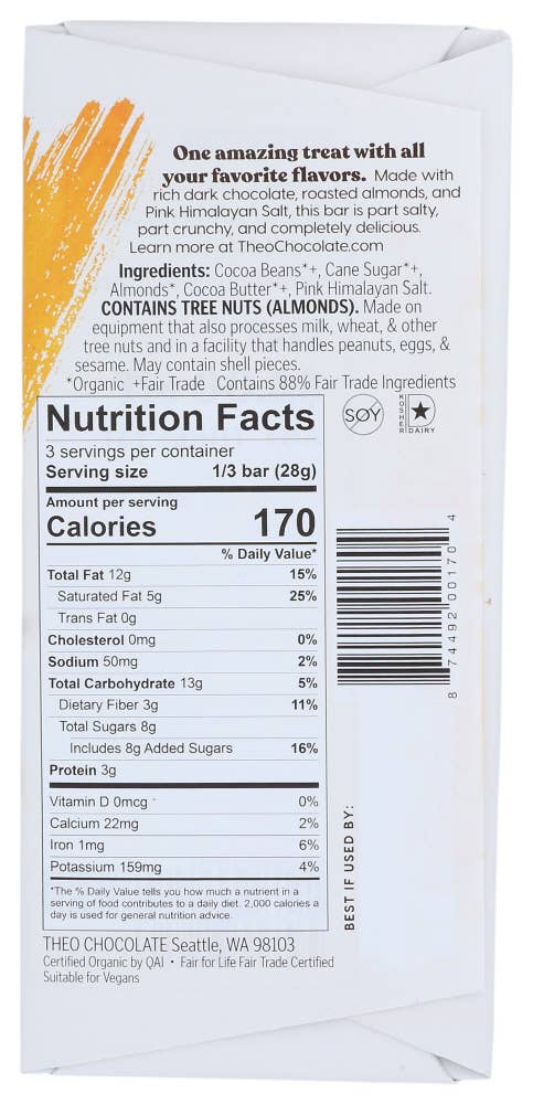 KeHE Distributors, LLC - Wholesale Chocolate Bar - Theo Chocolate Chocolate Bar Dark Salted Almond 3 oz1