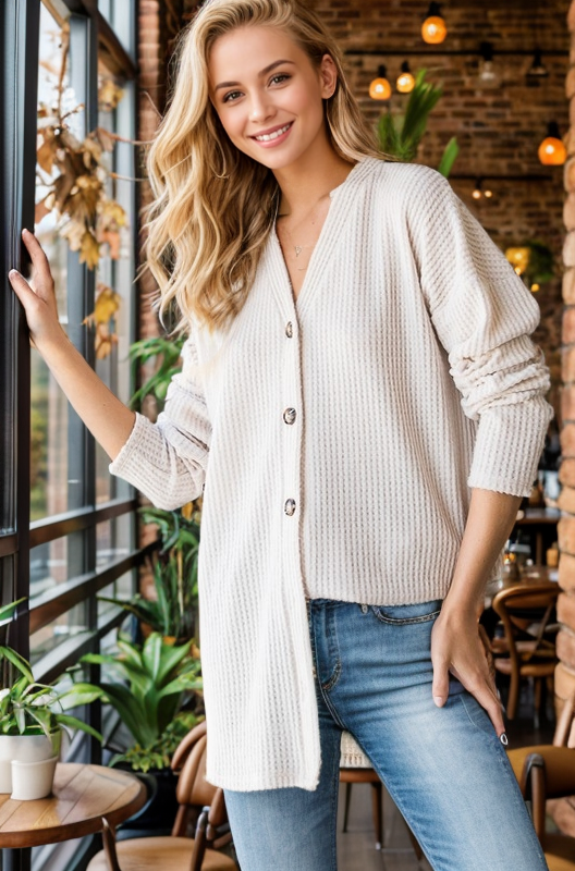 HEIMISH - Wholesale Cardigan - Women's - EJ6729-10 SOLID WAFFLE BUTTON DOWN CARDIGAN3