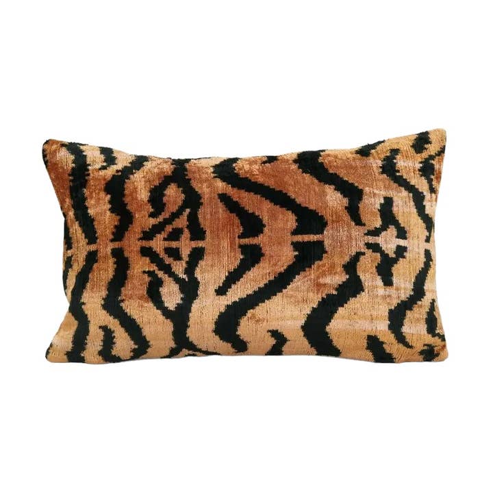 Vintage Pillows Store – wholesale Lumbar pillow – Handmade Tiger Ikat Velvet Pillow, Uzbek Silk Handloom0