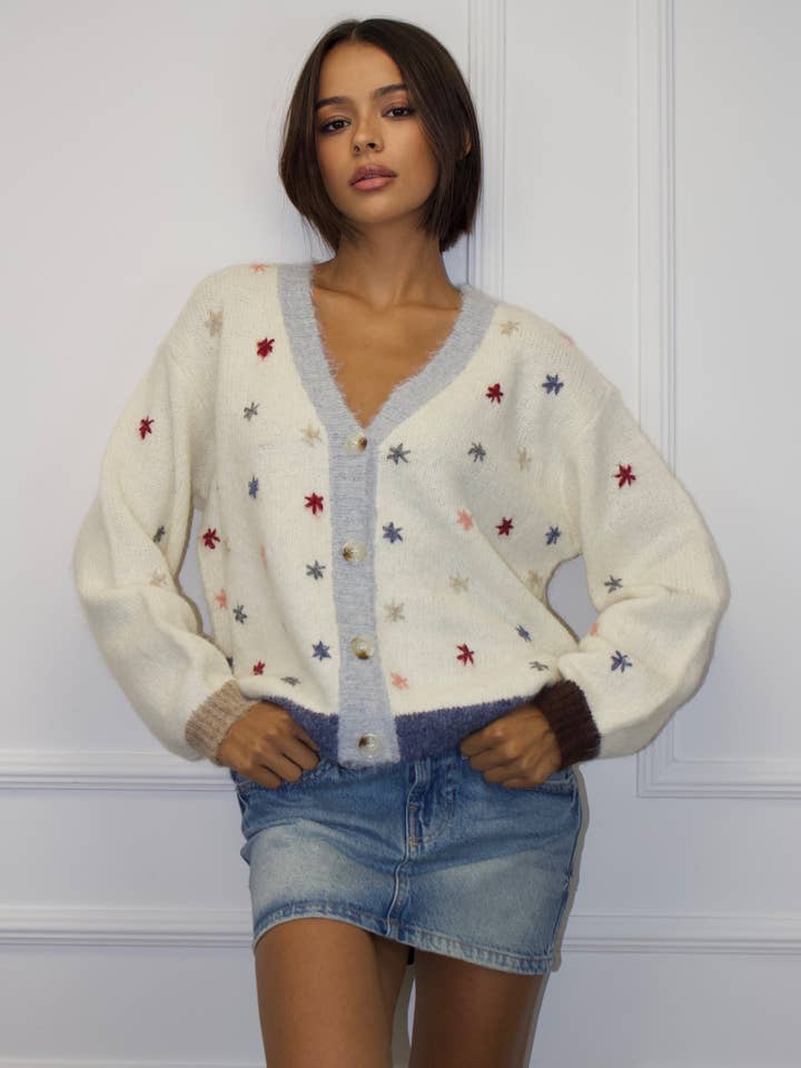 V-neck cardigan with little star patterns for wholesale by Chilli Girl Collection