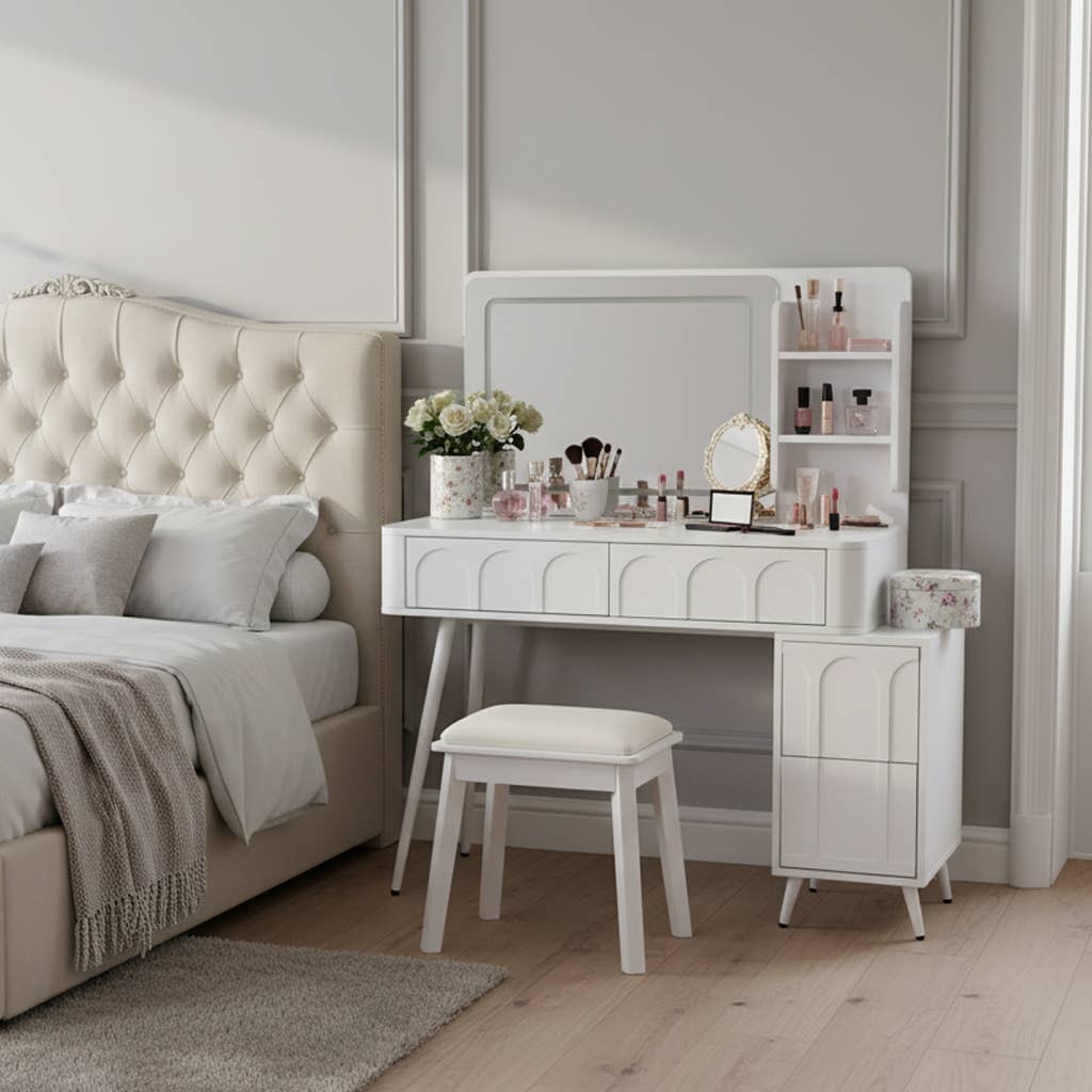 White Modern Makeup Vanity Desk with LED Lights & Mirror for wholesale on Faire