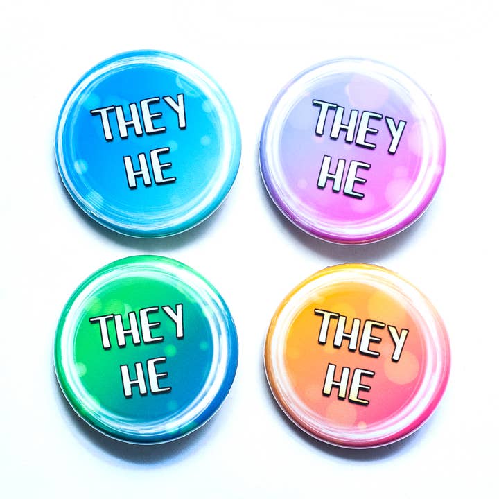 They/he pronoun pin / button for wholesale by Crafty Queer Studio