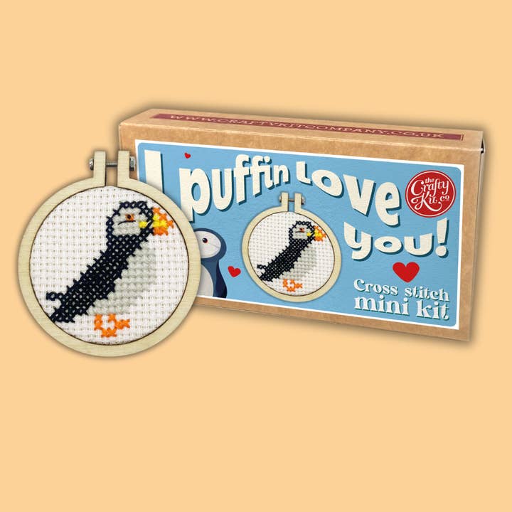 'I Puffin Love You!' Mini Matchbox Cross Stitch Kit for wholesale by The Crafty Kit Company