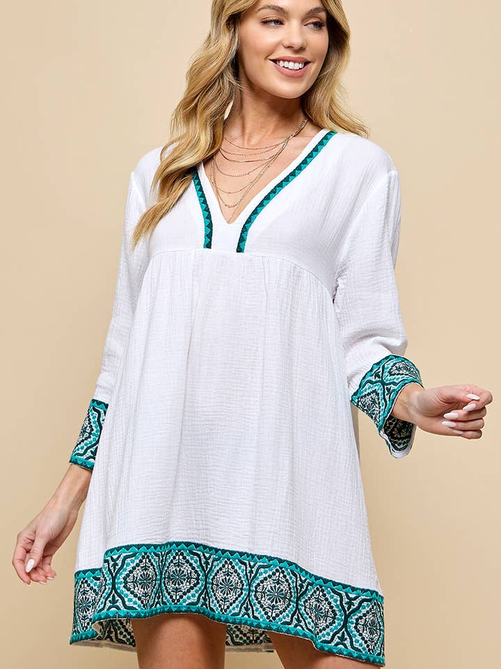 White Embroidery Patchwork V Neck Mini Dress for wholesale by Cezele