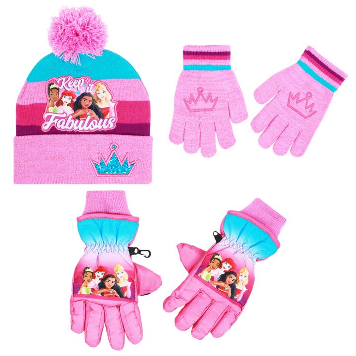 Disney Princess Beanie Hat and Gloves Set – “Keep It Fabulous” Knit Pom Cap with Knit Mittens & Insulated Ski Gloves for Girls Ages 4–7 for wholesale by Concept One