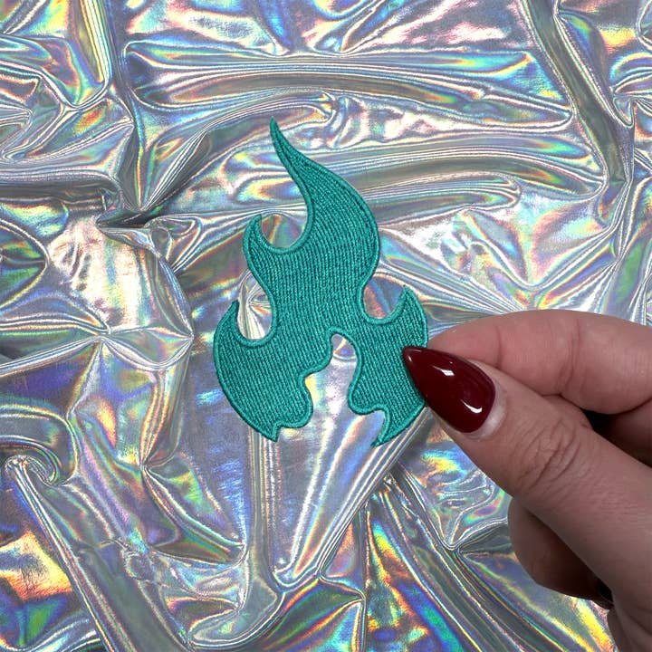 Teal Flame Iron On Patch for wholesale by The Crafty Engineer