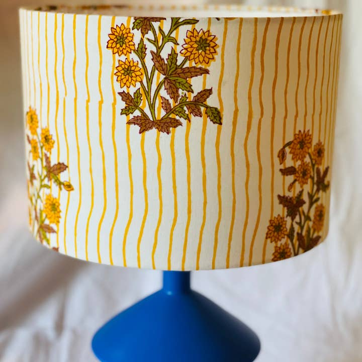 Olive and Limpet - Wholesale Lamp Shade - 10 inch Drum Lampshade. Indian Block print from Jaipur. Harvest Gold, Ginger, and Olive Floral Stripe.2