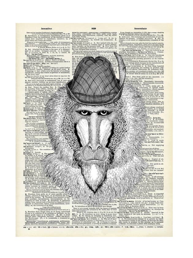Monkey, ape, in hats, Vintage Dictionary Print for wholesale by Crazilyhumbledesigns