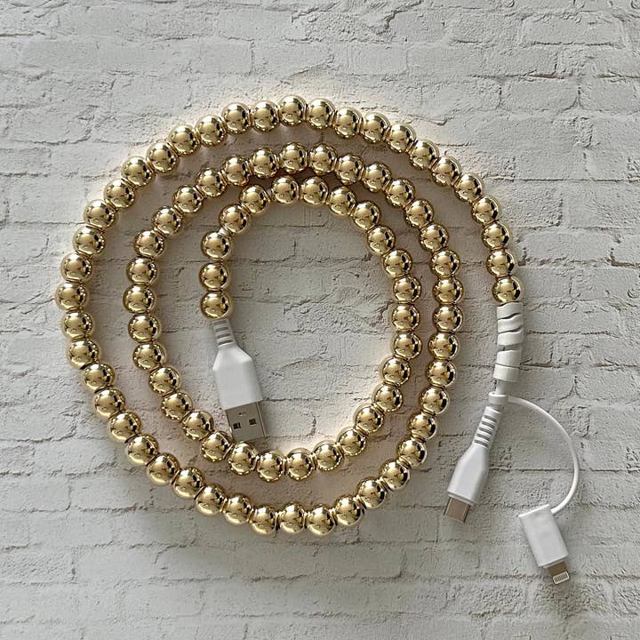 Beaded Phone Charging Cable 2 in 1 USB-C Cord Gold for wholesale by iconic mi