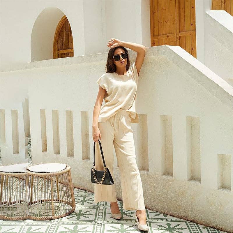 Masyal - Wholesale Top & Pant Set (NOT Loungewear) - Women's - Women's Casual Knitted Two-Piece Wide-Leg Suit3