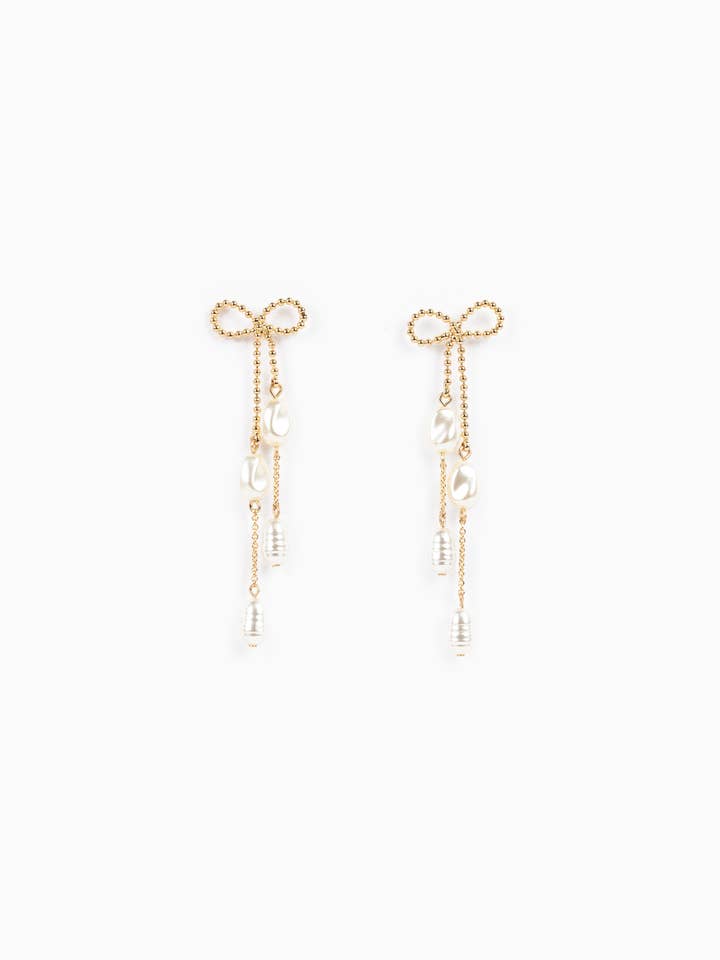 Long Bow Pearl Deco Drop Earrings for wholesale by Sessori