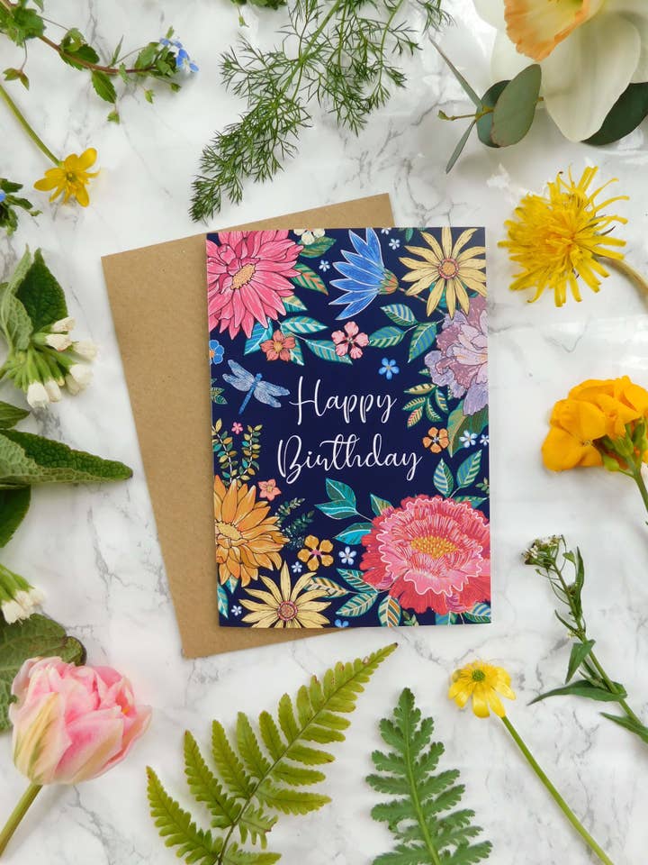 Happy Birthday Flower Garden Greetings Card for wholesale by Mystical Sky Studio
