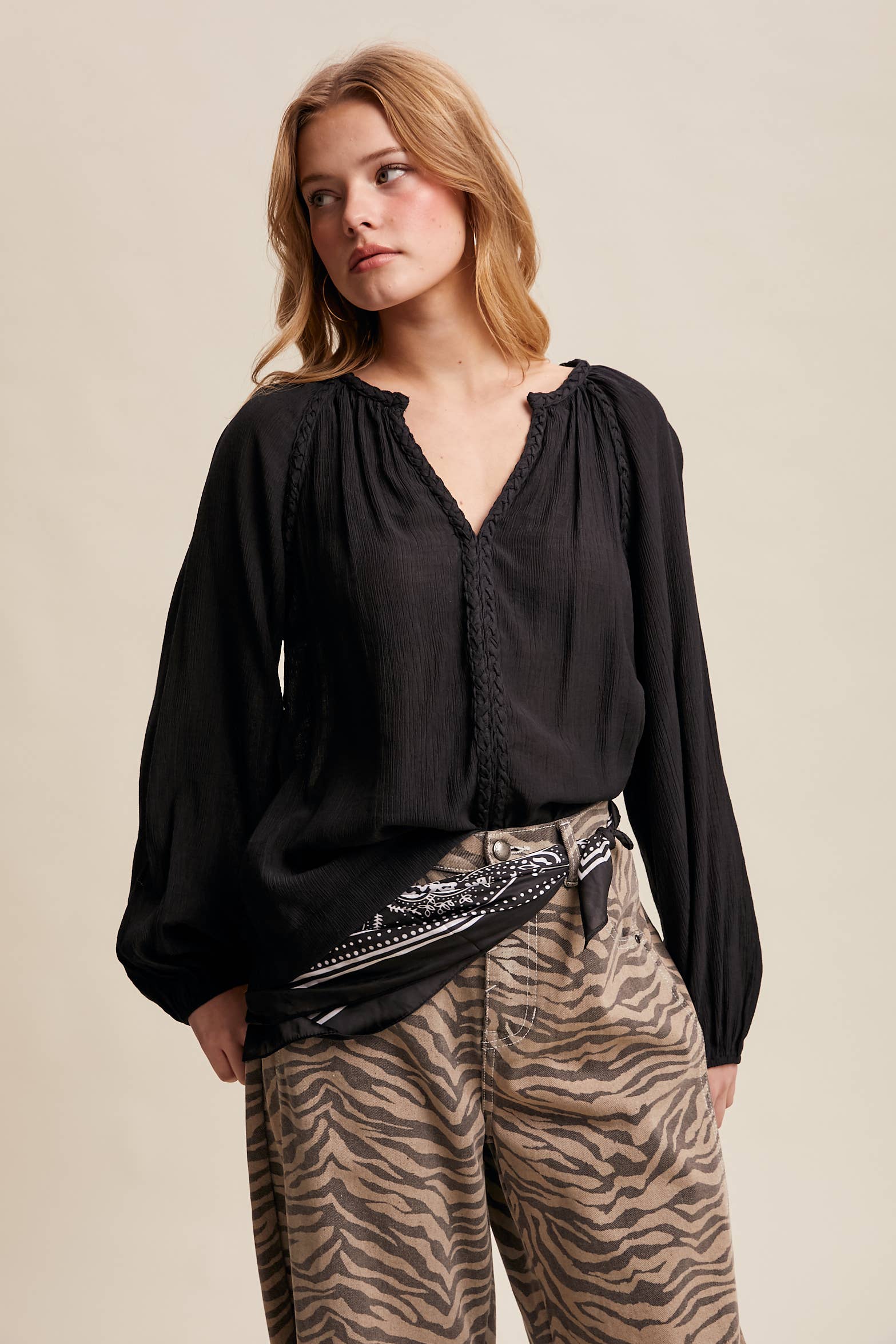 Listicle - Wholesale Blouse - Women's - Braided Trim Peasant Blouse LT144728