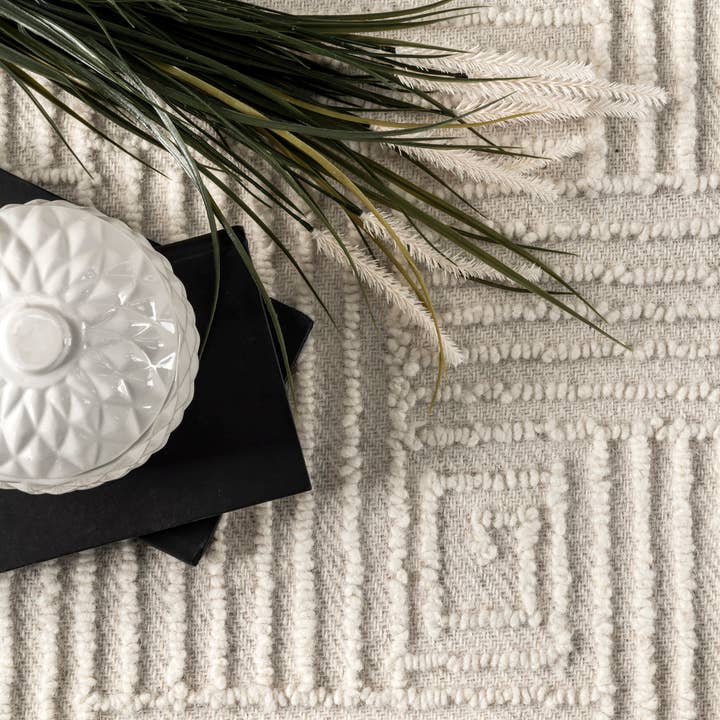 Ivory Mallory Hooked Wool Geometric High Low Textured Area Rug for wholesale on Faire