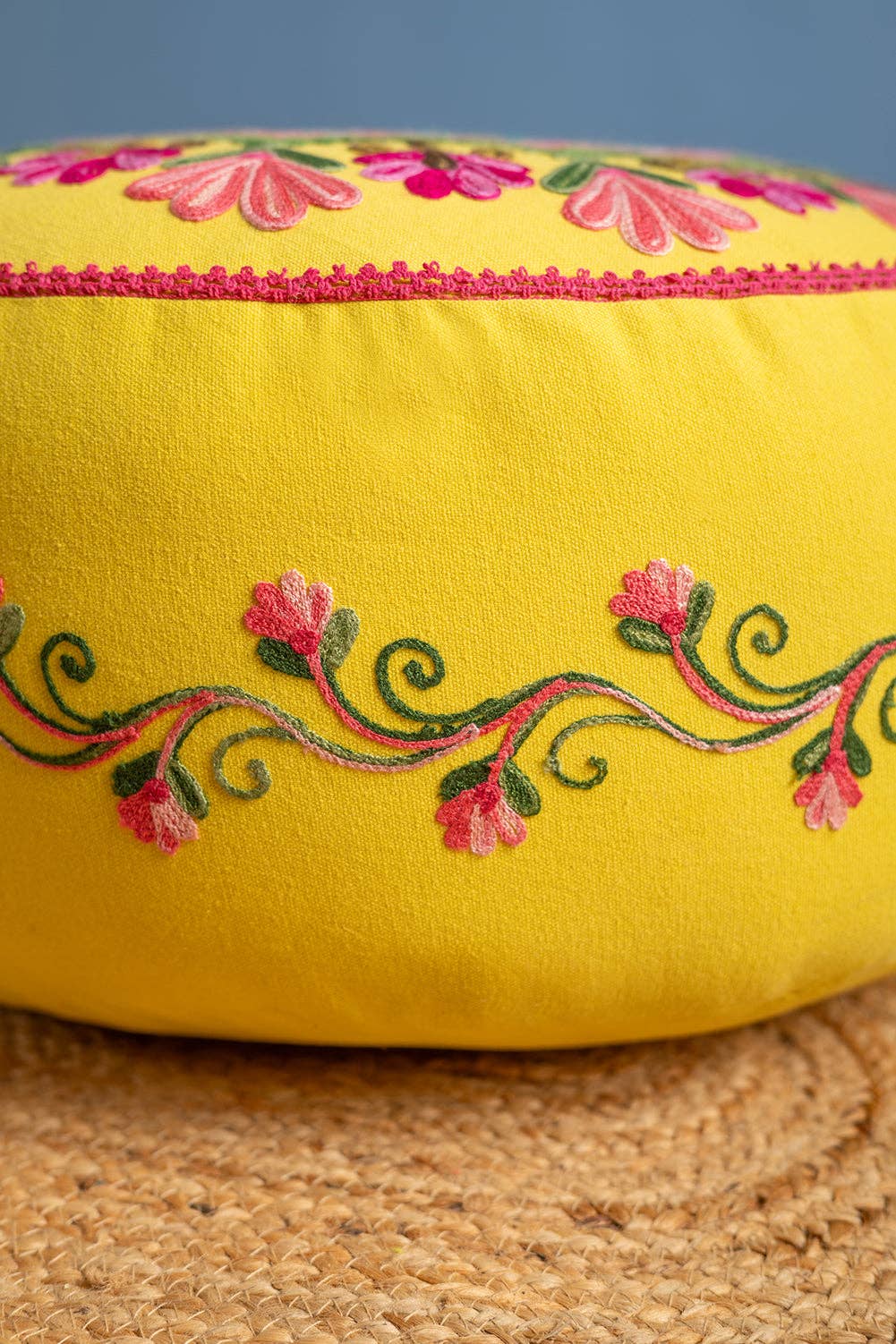 Ian Snow Ltd - Wholesale Pouf - Floral on Yellow Embroidered Pouffe2