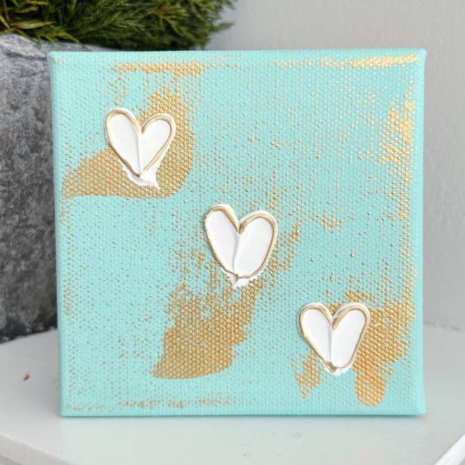 3 mini-cœurs texturés peints à la main - Turquoise | Art sur toile pour la vente par So Thoughtful Gifts