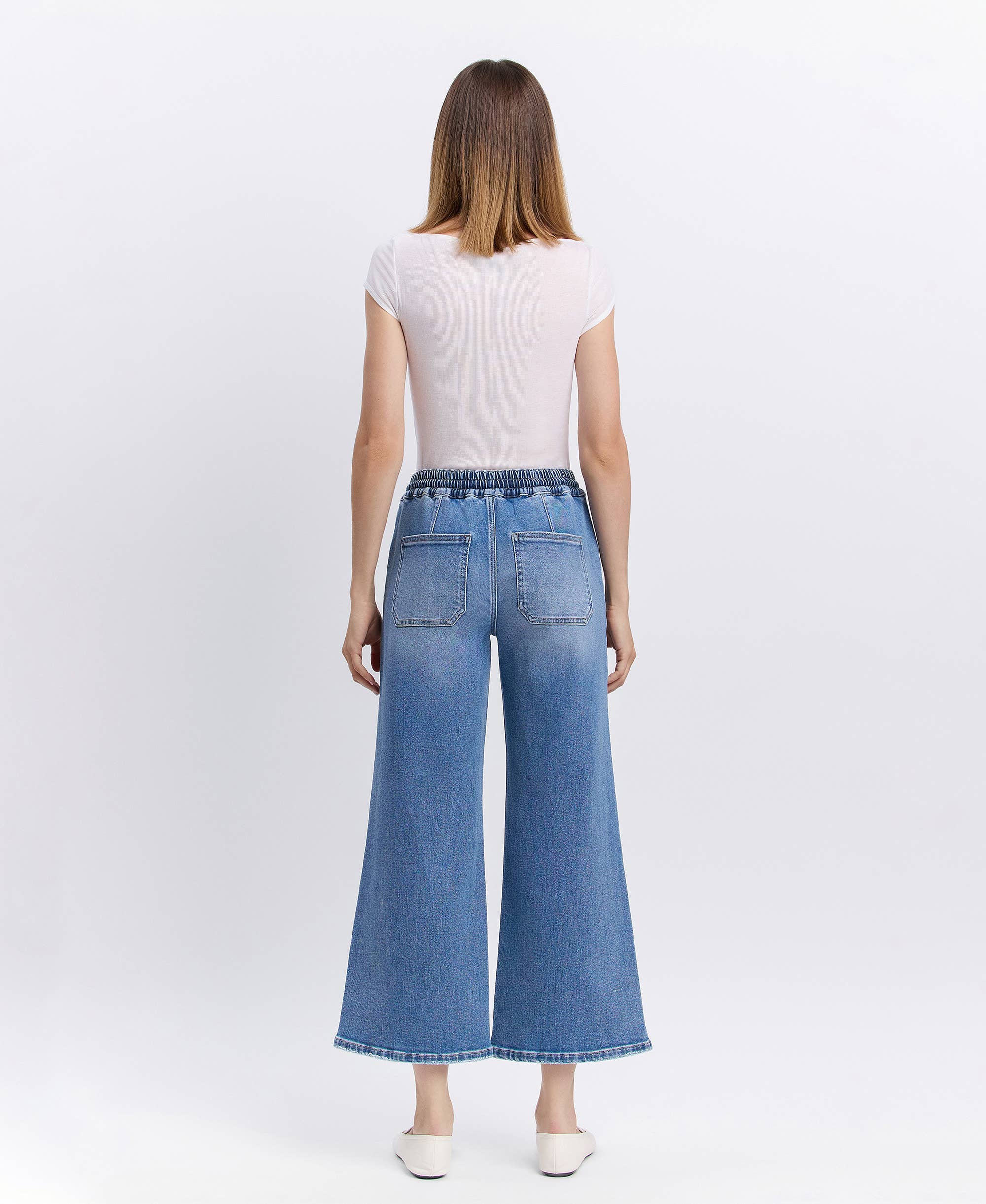 REASSURE HIGH RISE DRAWSTRING WAISTBAND WIDE LEG JEANS V3650 for wholesale on Faire7