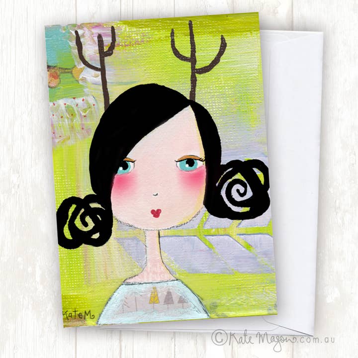Painted Deer Girl GREETING CARD for wholesale by Kate Mason Artist