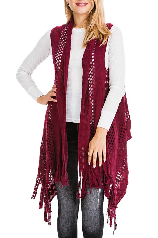 Cap Zone - Vendita all'ingrosso Gilè imbottito - Donna - Gilet lungo cardigan lavorato a maglia con frange lavorate all'uncinetto17