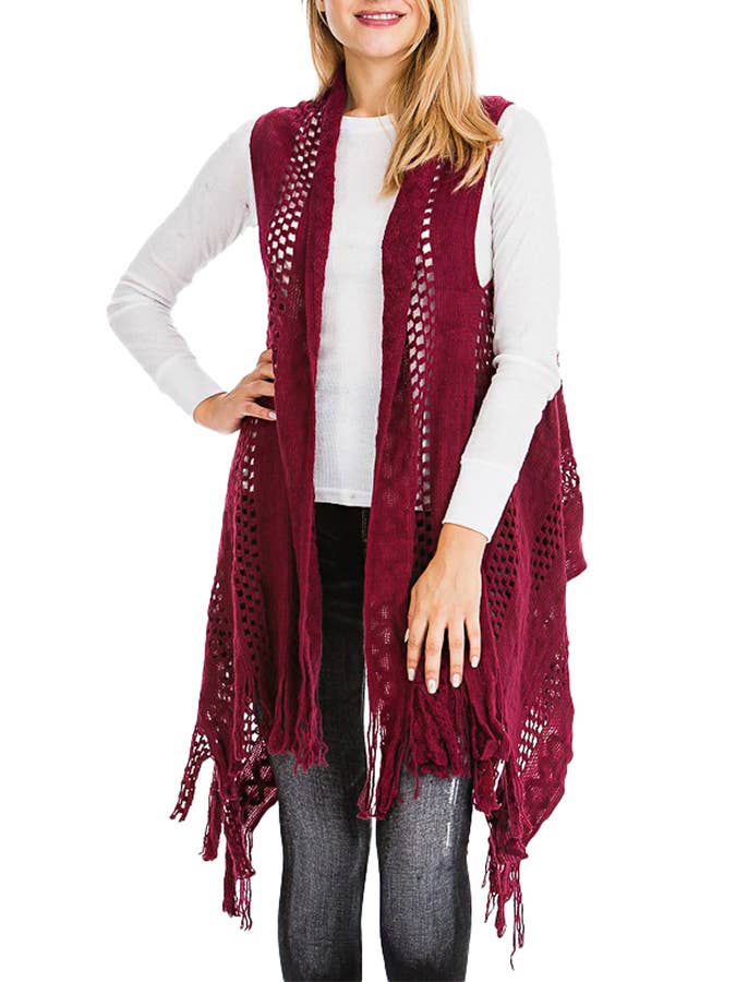 Cap Zone – Colete - Mulher por atacado – Cabo Crochet malha franja guarnição Cardigan Long Vest10