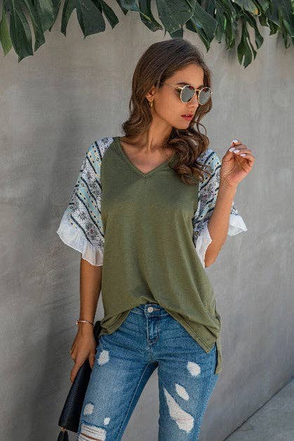 Supreme Fashion - Wholesale Blouse - Women's - Splicing Print V Neck Ruffle Elegant Top1