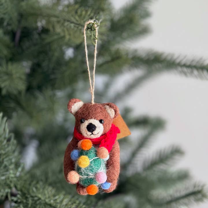 Ganapati - Wholesale Ornament - Felt Brown Bear Holding Christmas Tree Ornament