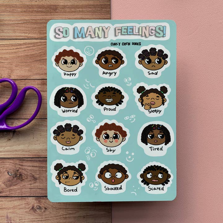 "So Many Feelings" Sticker Sheet for wholesale by Curly Crew Books
