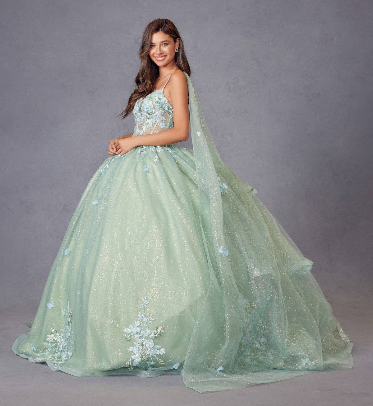 SAGE GREEN 3D Multi Floral Applique Cap Sleeve Long Quinceanera Dress JTJT1466H for wholesale on Faire3