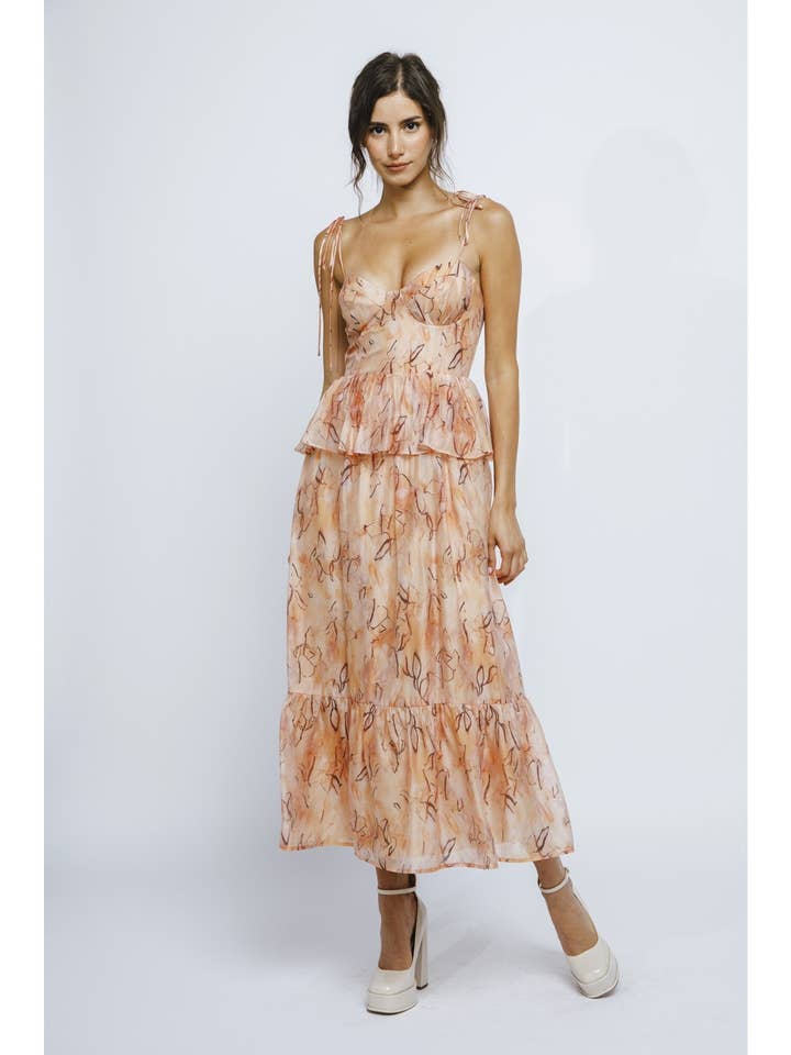 LD2306-3- GRANDE ROBE MIDI FLORALE À VOLANTS PÉPLUM pour la vente par STORIA