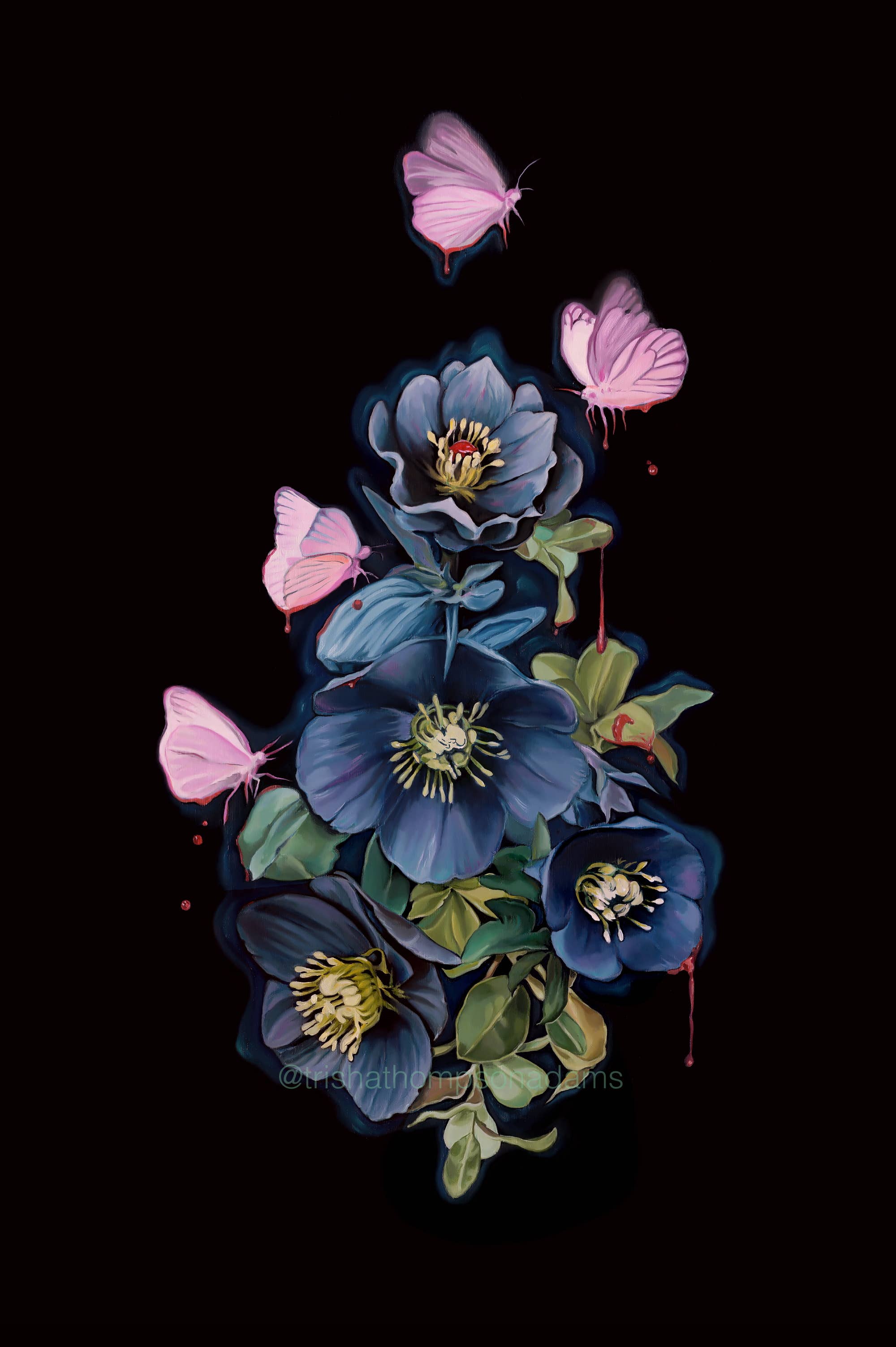 Trisha Thompson Adams - Wholesale Art Print - Blooderflies and Hellebores Dark Garden Botanical Art Print4