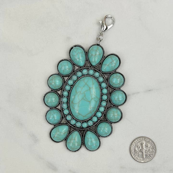 PDS180131-02-Pendentif concho ovale en argent bleu avec pierre turquoise bleue pour la vente par Western Elite Jewelry