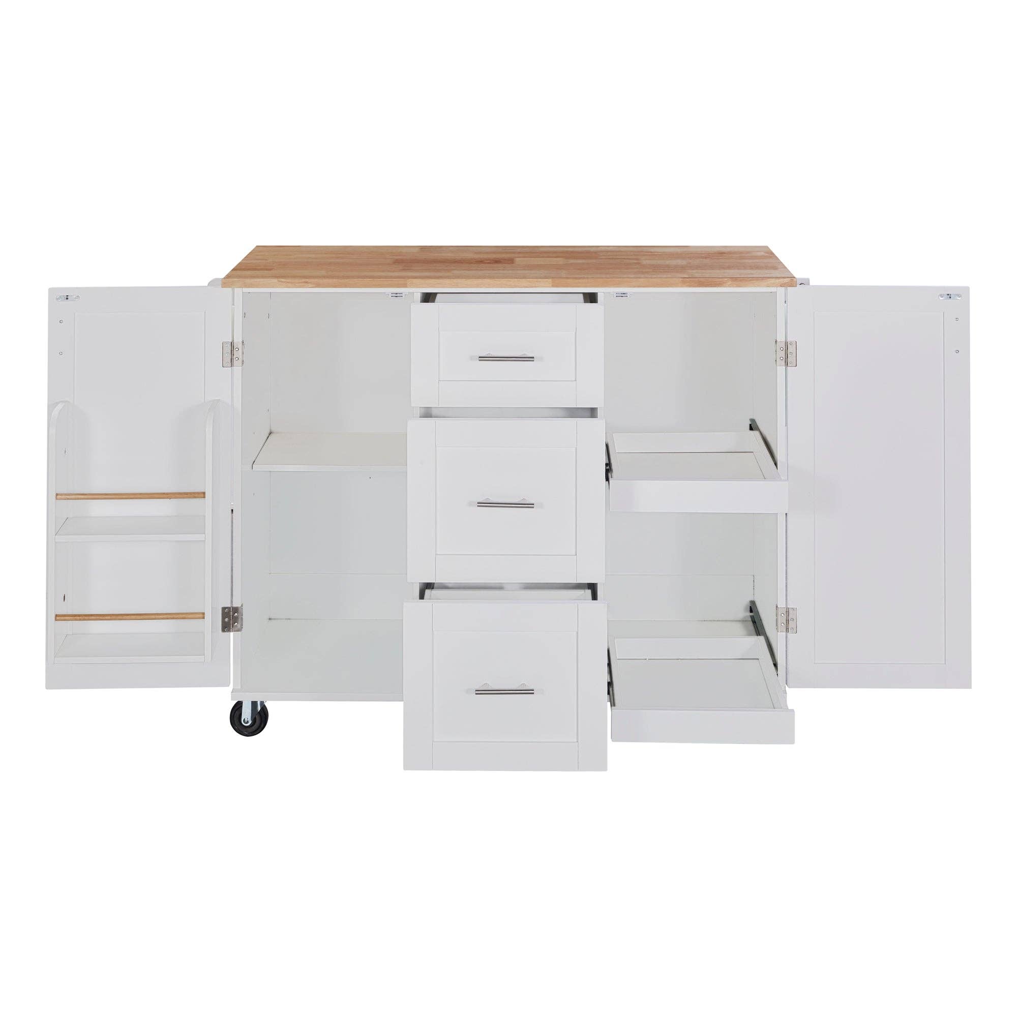 Orange County Decor - Wholesale Kitchen Storage/Organizer - K&K Rolling Kitchen Island With Storage, Kitchen Cart With Rubber Wood Top, 3 Drawer, 2 Slide Out Shelf And Internal Storage Rack, Kitchen Island On Wheels With Spice Rack & Tower Rack, White White11
