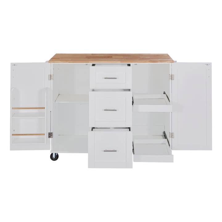 Orange County Decor - Wholesale Kitchen Storage/Organizer - K&K Rolling Kitchen Island With Storage, Kitchen Cart With Rubber Wood Top, 3 Drawer, 2 Slide Out Shelf And Internal Storage Rack, Kitchen Island On Wheels With Spice Rack & Tower Rack, White White11