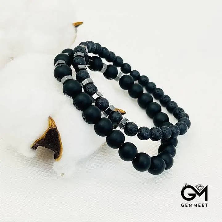 GemMeet - Vendita all'ingrosso Bracciale con perline - Bracciale Set Elastico da Uomo con Pietra Lavica e Perline2
