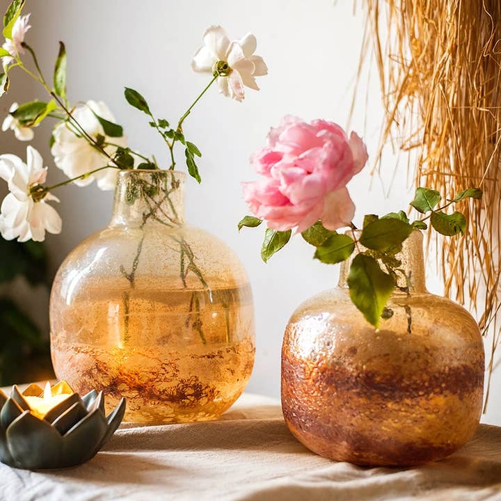 Rustic Reach - Wholesale Vase - Hand Blown Bubble Glass Bud Vase Amber