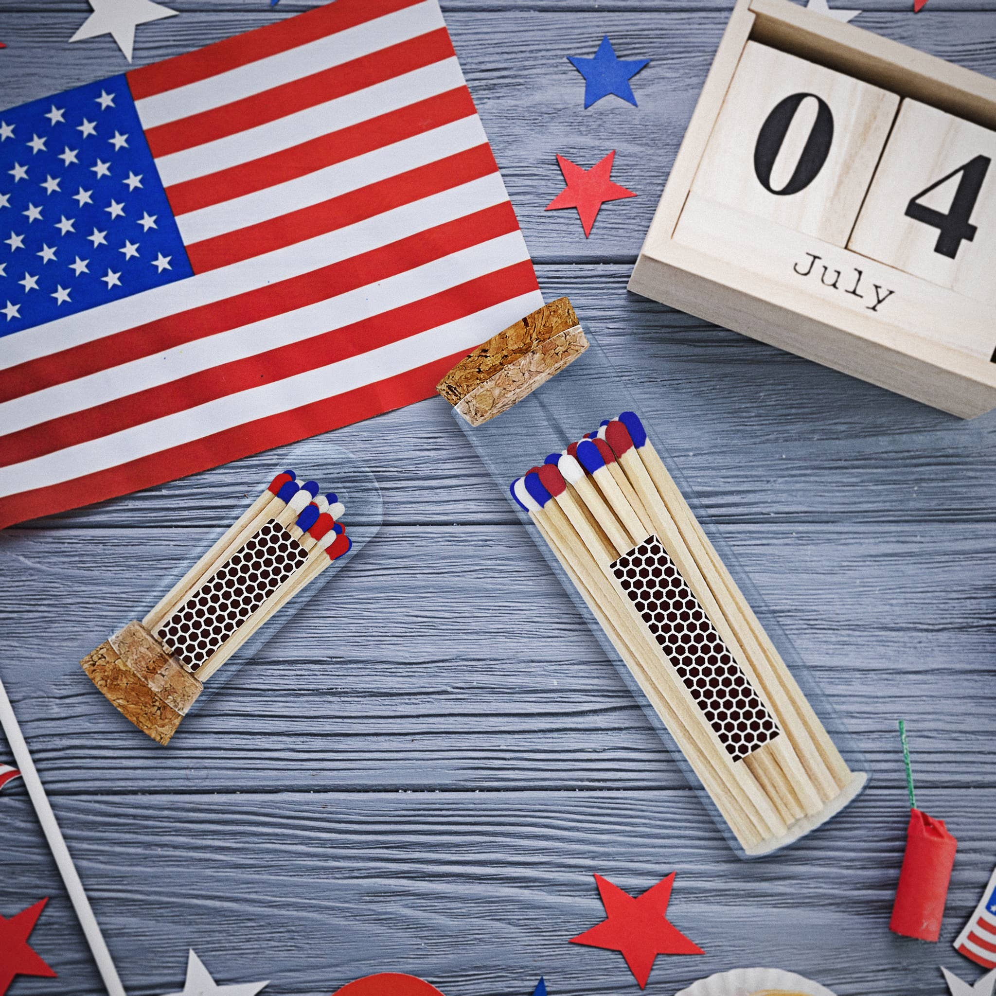 Patriotic Red, White & Blue Matches, Size & Holder of Choice for wholesale on Faire15
