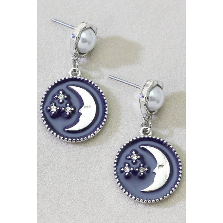 Girly - Wholesale Dangle Earrings - PEARL STUDS WITH DANGLING CRESCENT MOON