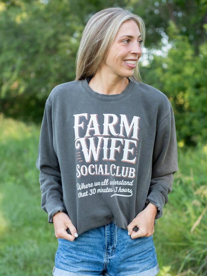 Western 'Farm Wife Social Club' Charcoal Graphic Crewneck for wholesale by American Farm Company