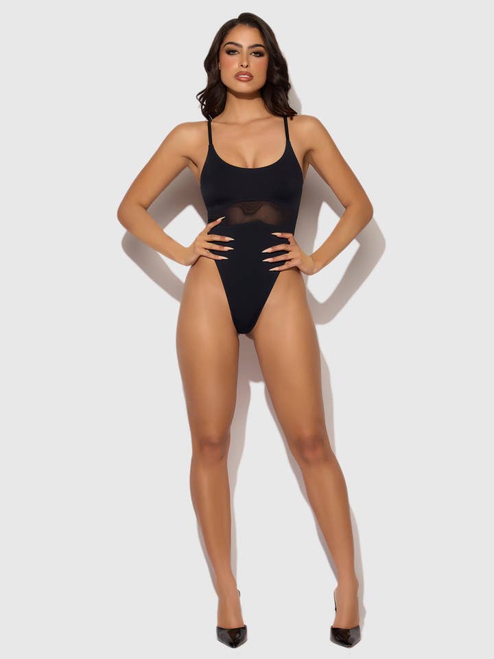 Black KATRINA MICRO & MESH HIGH HIP SHAPING BODYSUIT for wholesale on Faire