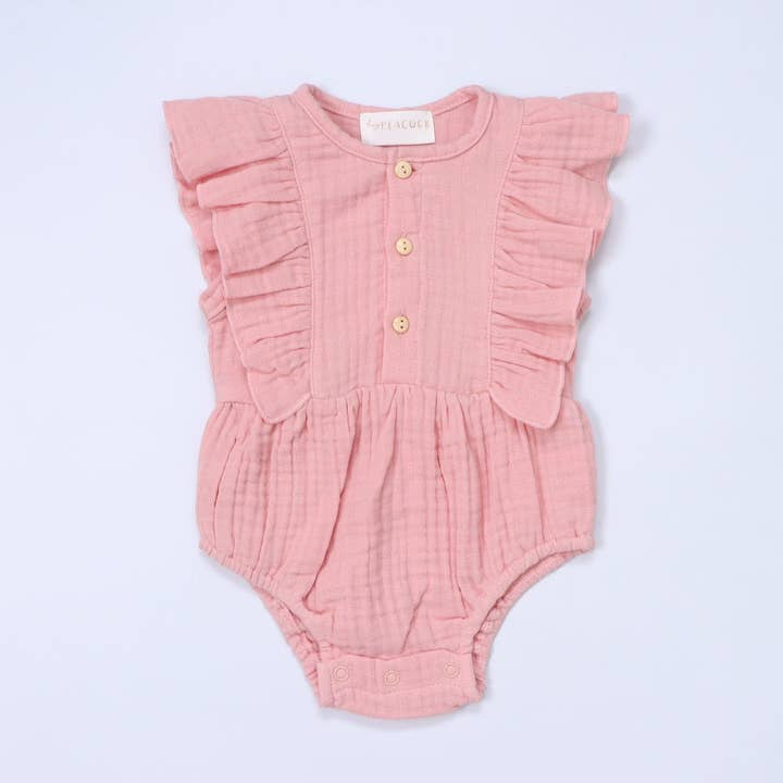 Baby Ruffle Romper (100% Muslin Cotton) Pink for wholesale by HeyPeacock