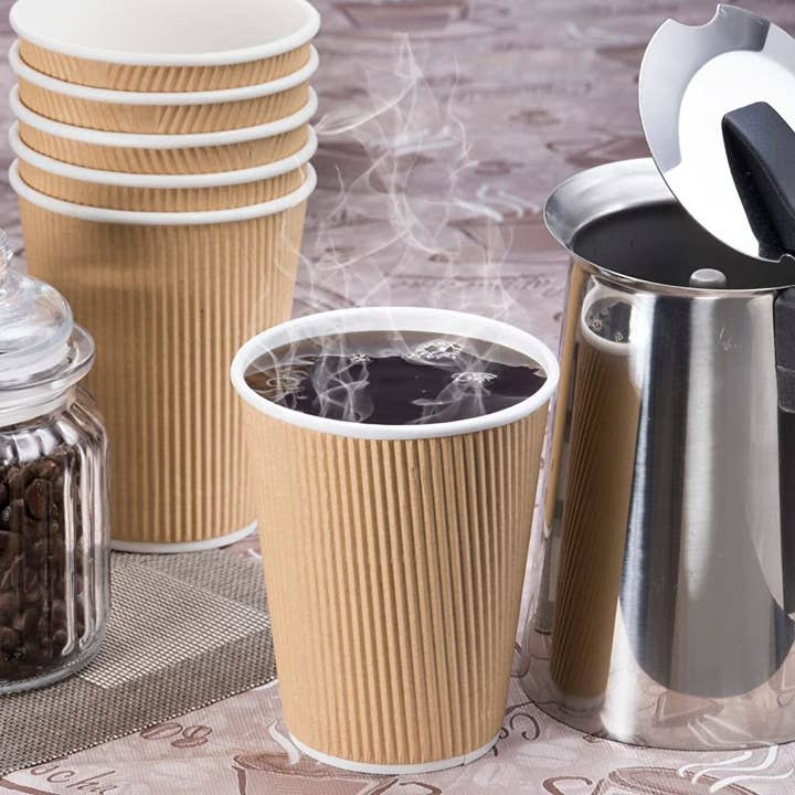 singleware - Wholesale Disposable cup - NYHI Set of 100 Brown Disposable Paper Cups with White Lids (10-oz) | Ripple Insulated Kraft for Hot Drinks - Tea & Coffee | Triple Layer Design | Eco- Friendly, Recyclable, Durable Paper3