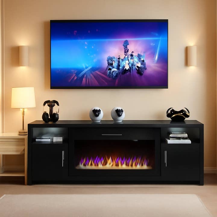 80 Inch TV Stand Electric Fireplace With LED Lighting Black for wholesale on Faire