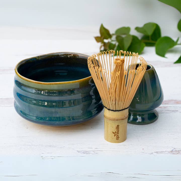 Blue Ceramic Matcha Bowl, Bamboo Matcha Whisk and Whisk Holder Set for wholesale by Aprikalife