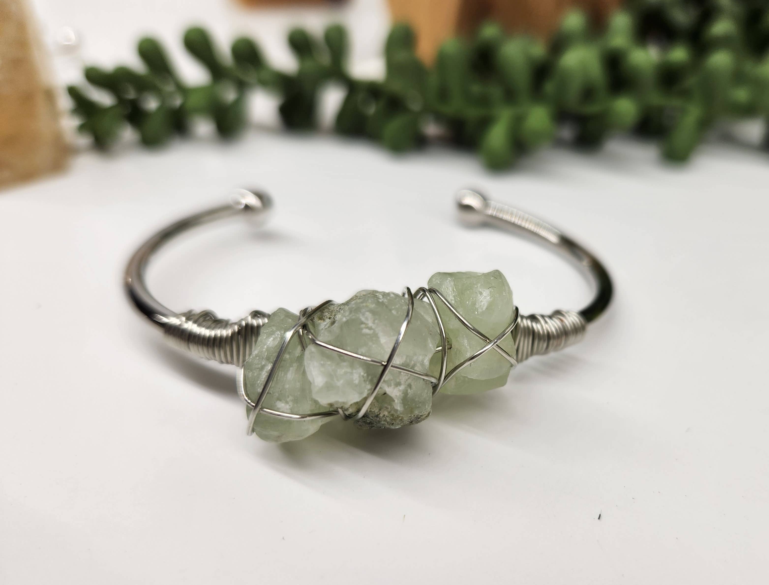 Meraki Gemstones - Wholesale Cuff Bracelet - Prehnite 3 Rough Gemstones Wire Wrapped Bangle Bracelet1