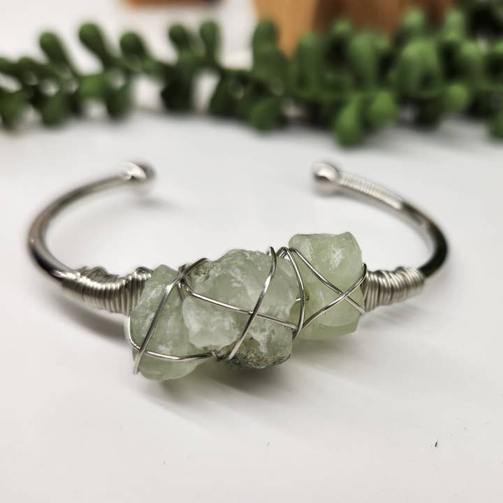 Meraki Gemstones - Wholesale Cuff Bracelet - Prehnite 3 Rough Gemstones Wire Wrapped Bangle Bracelet1