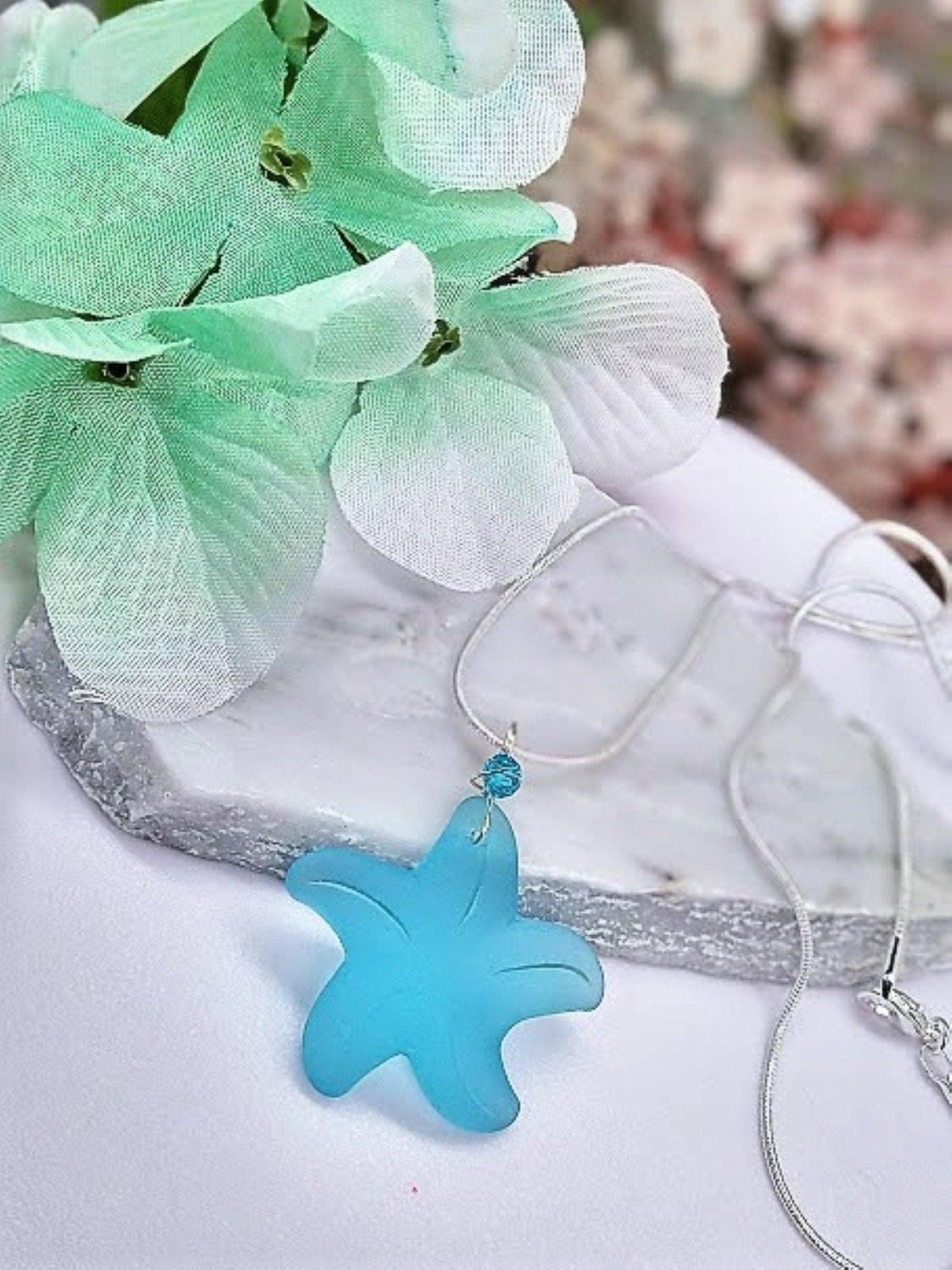 Bad Apple Designs - Wholesale Pendant/Charm Necklace - Caribbean Blue Starfish Sea Glass Pendant, Silver Snake Chain 18 Inch Necklace-Beach Charm-Ocean Lover's Gift1