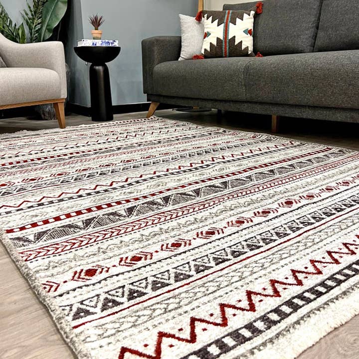 Alfa Rich Inc - Vente Tapis - Grand tapis bordeaux, rouge et gris, pour salon, chambre à coucher, cuisine, salle à manger, 8x10 5x7, décoration bohème esthétique ethnique, éclectique, aztèque